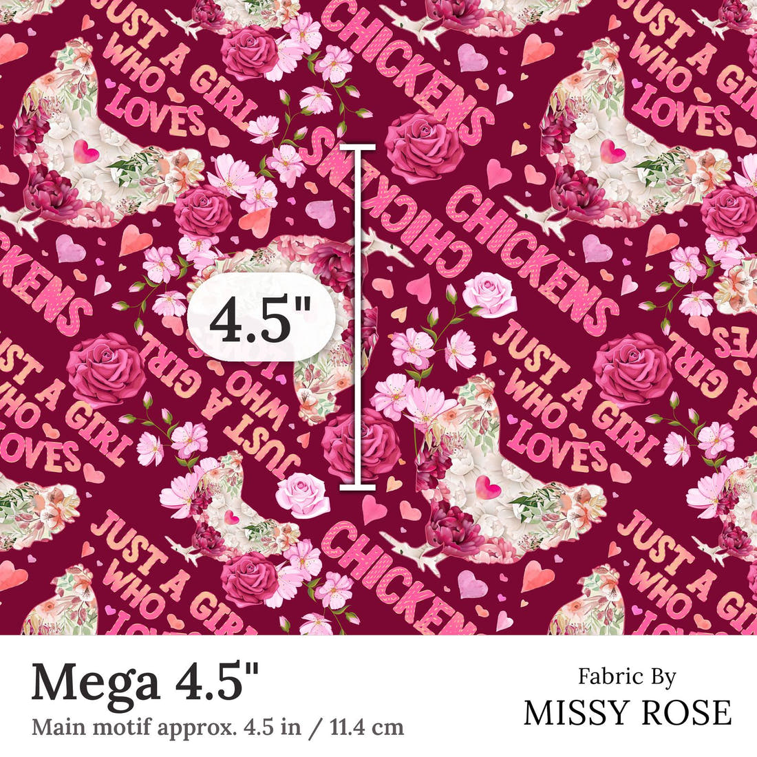 Design 230 Chickens Fabric Mega 4.5 inch print scale guide | Fabric by Missy Rose