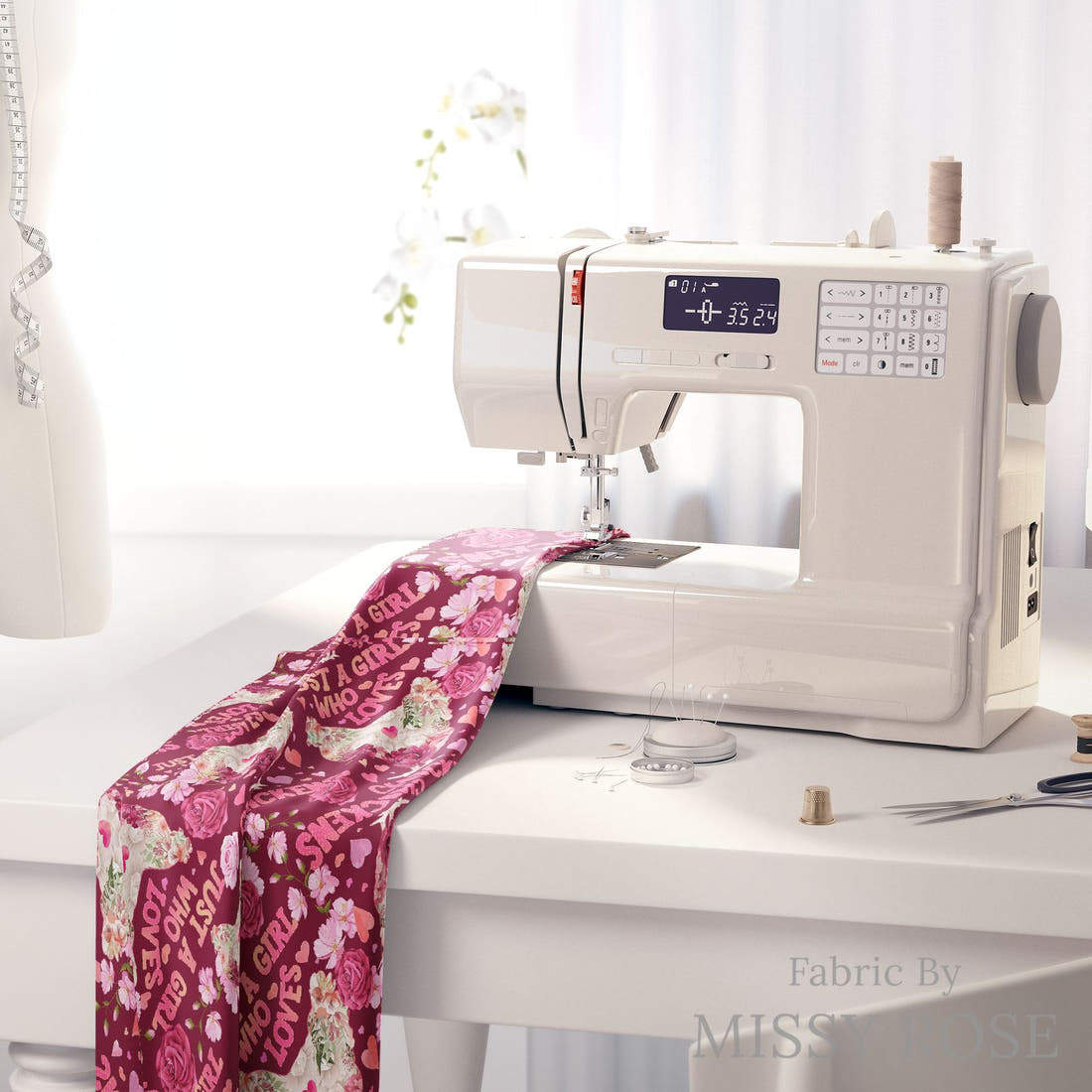 Design 230 Chickens Fabric on a sewing machine – premium fabric for sewing projects | Fabric by Missy Rose