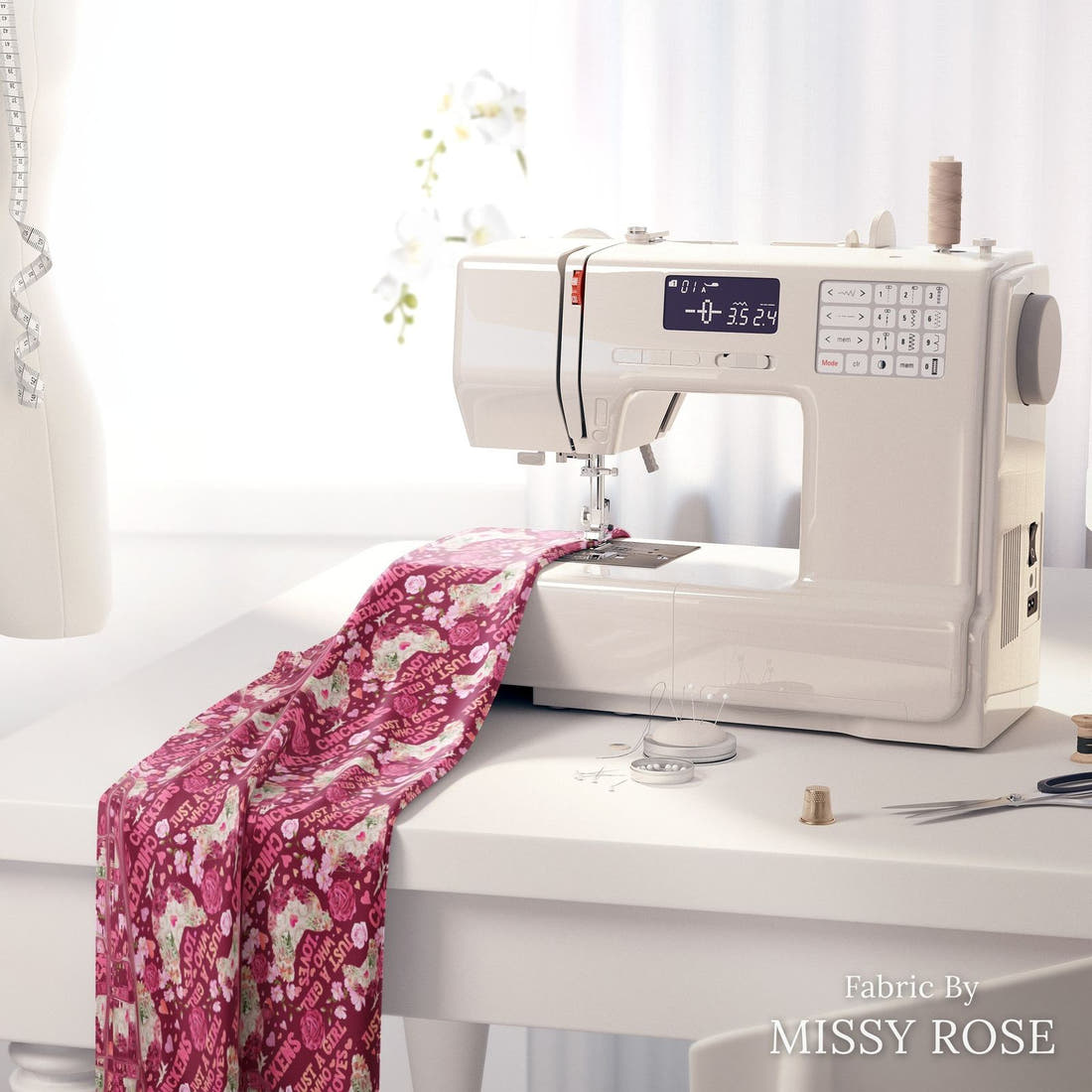 Design 230 Chickens Fabric on a sewing machine – premium fabric for sewing projects | Fabric by Missy Rose