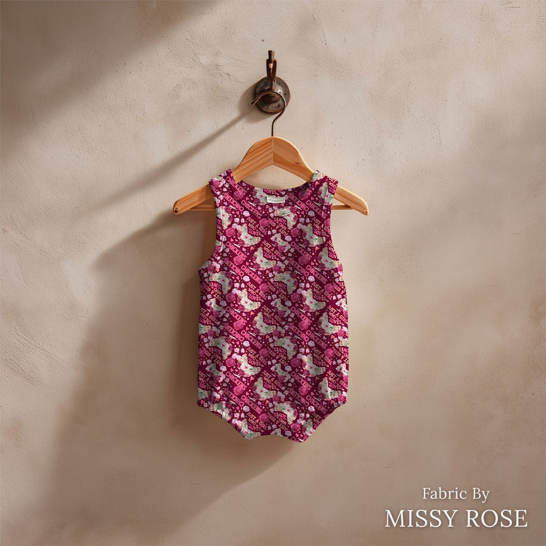 Design 230 Chickens Fabric sewn into a baby romper – see how the print looks made up | Fabric by Missy Rose