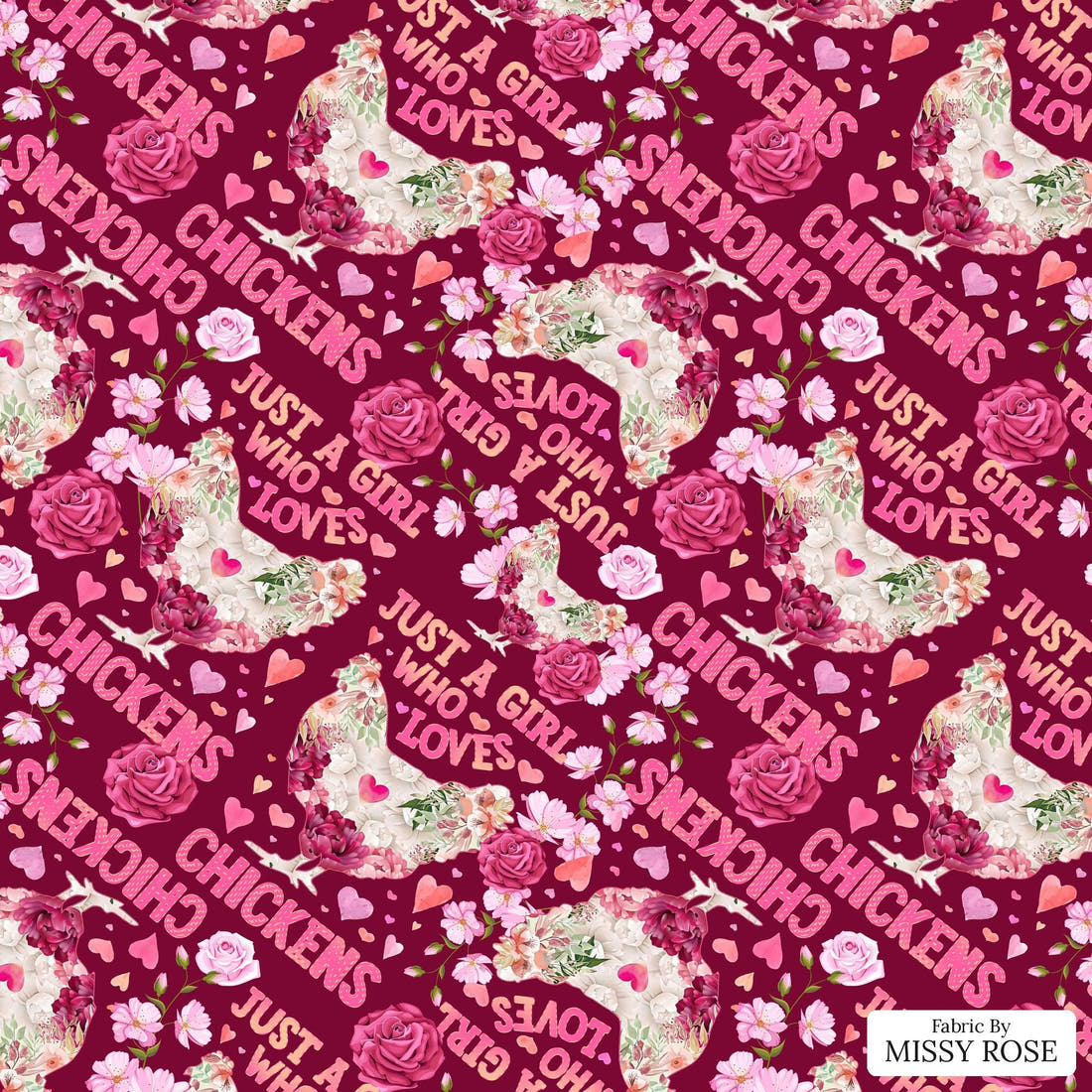 Design 230 Chickens Fabric - flat view of the print, zoom in for detail | Fabric by Missy Rose