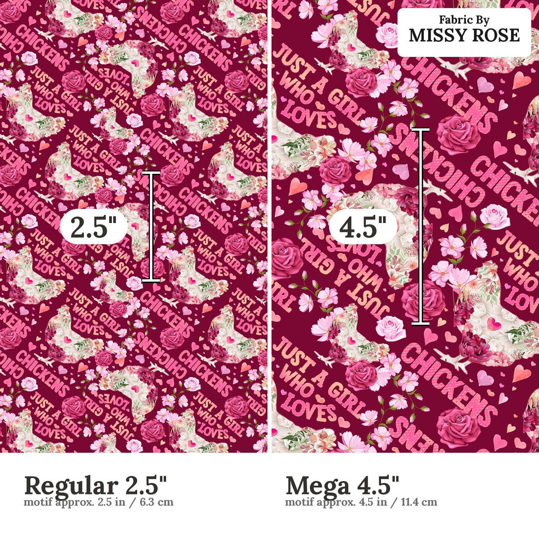 Design 230 Chickens Fabric size comparison - print scale | Fabric by Missy Rose