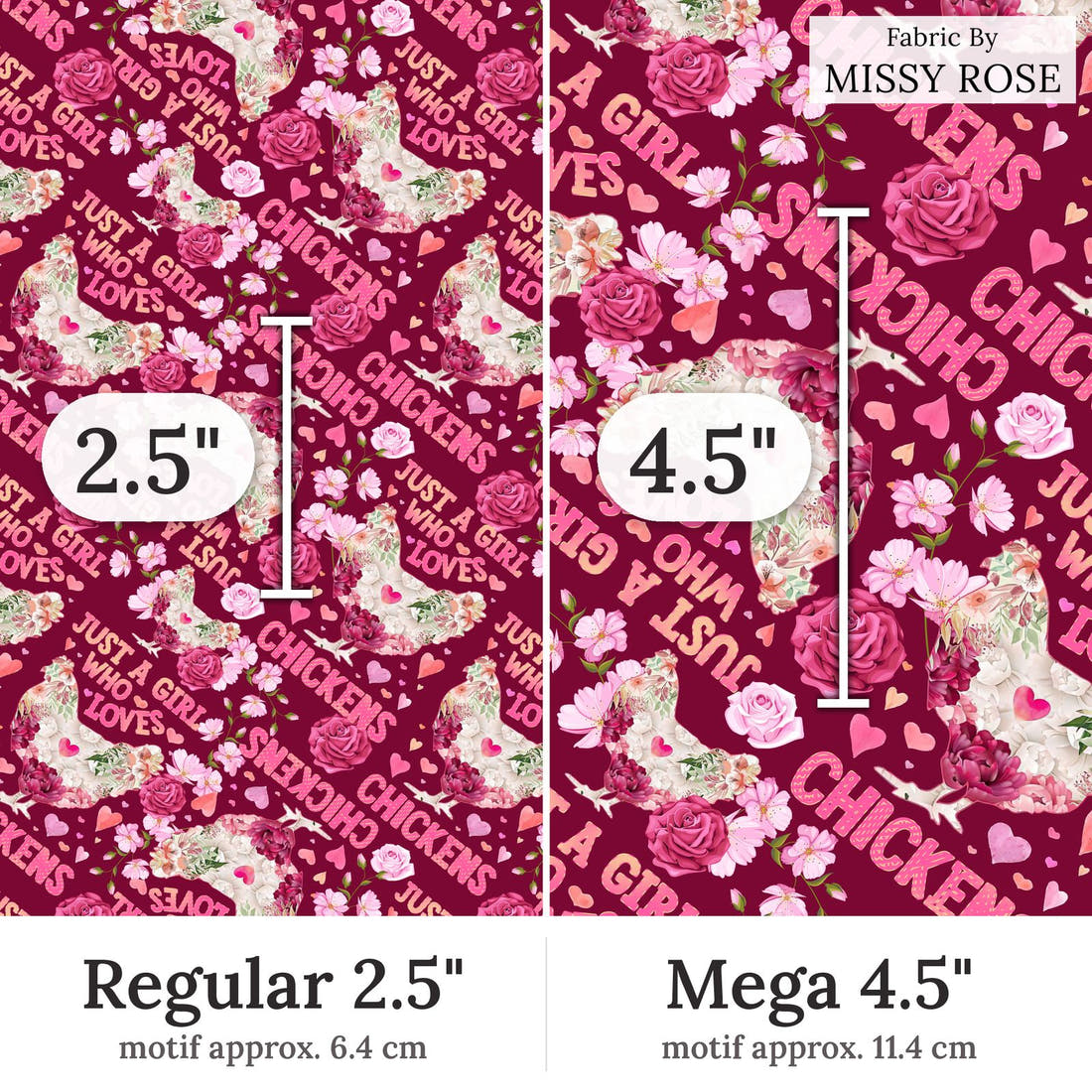 Design 230 Chickens Fabric Regular 2.5 inch vs Mega 4.5 inch print scale side by side | Fabric by Missy Rose