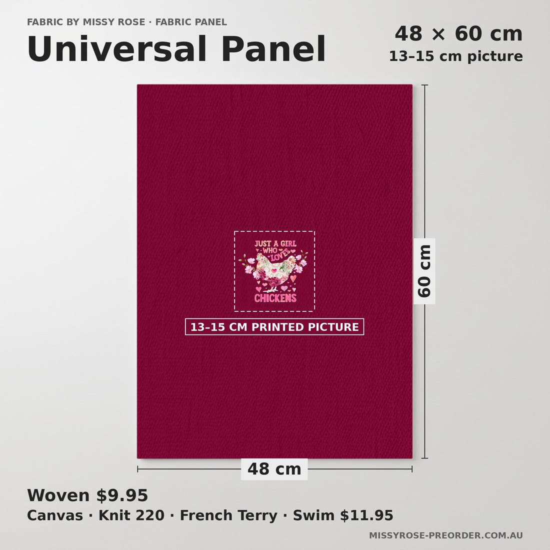 Design 230 Chickens Panel universal panel sizing – 13–15 cm printed picture on 48 × 60 cm fabric | Fabric by Missy Rose