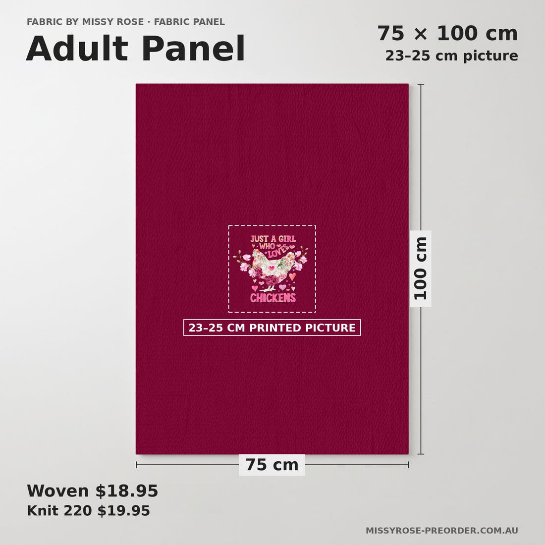 Design 230 Chickens Panel adult panel sizing – 23–25 cm printed picture on 75 × 100 cm fabric | Fabric by Missy Rose