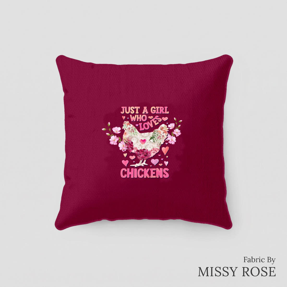 Design 230 Chickens Panel sewn into a cushion – see how the panel looks made up | Fabric by Missy Rose