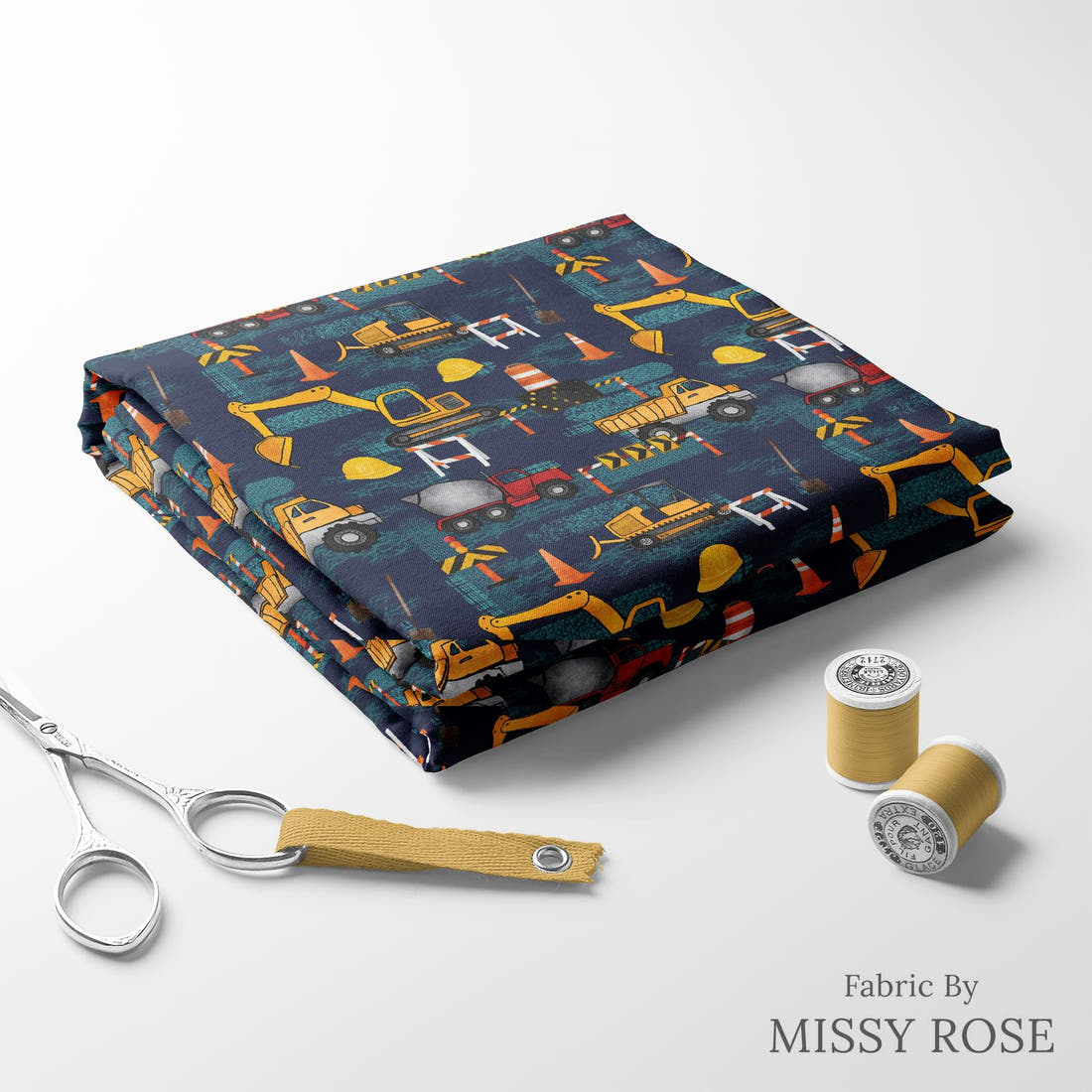 Design 231 Navy Construction Fabric folded fabric stack with matching thread – pre-order fabric Australia | Fabric by Missy Rose
