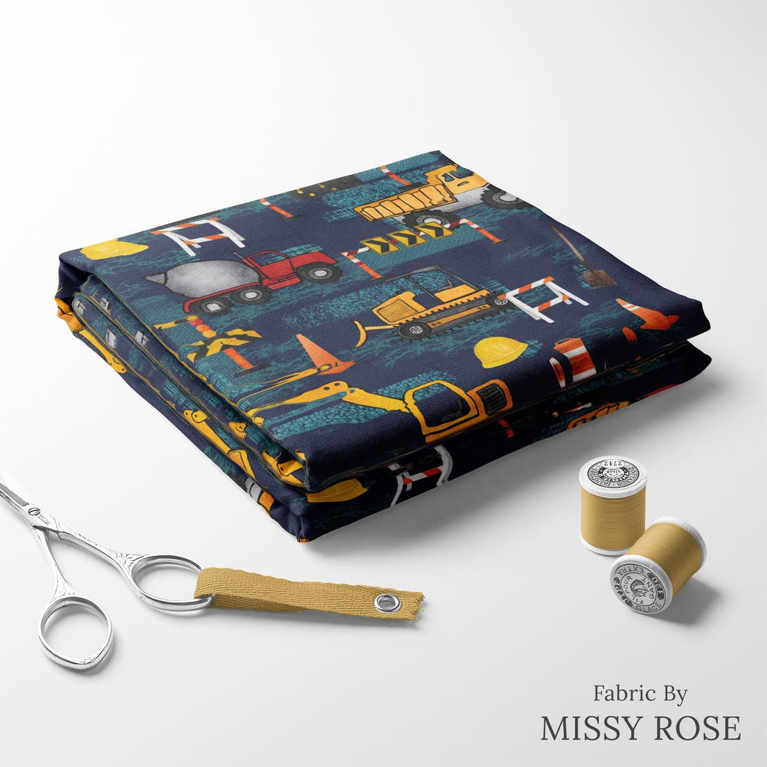 Design 231 Navy Construction Fabric folded fabric stack with matching thread – pre-order fabric Australia | Fabric by Missy Rose