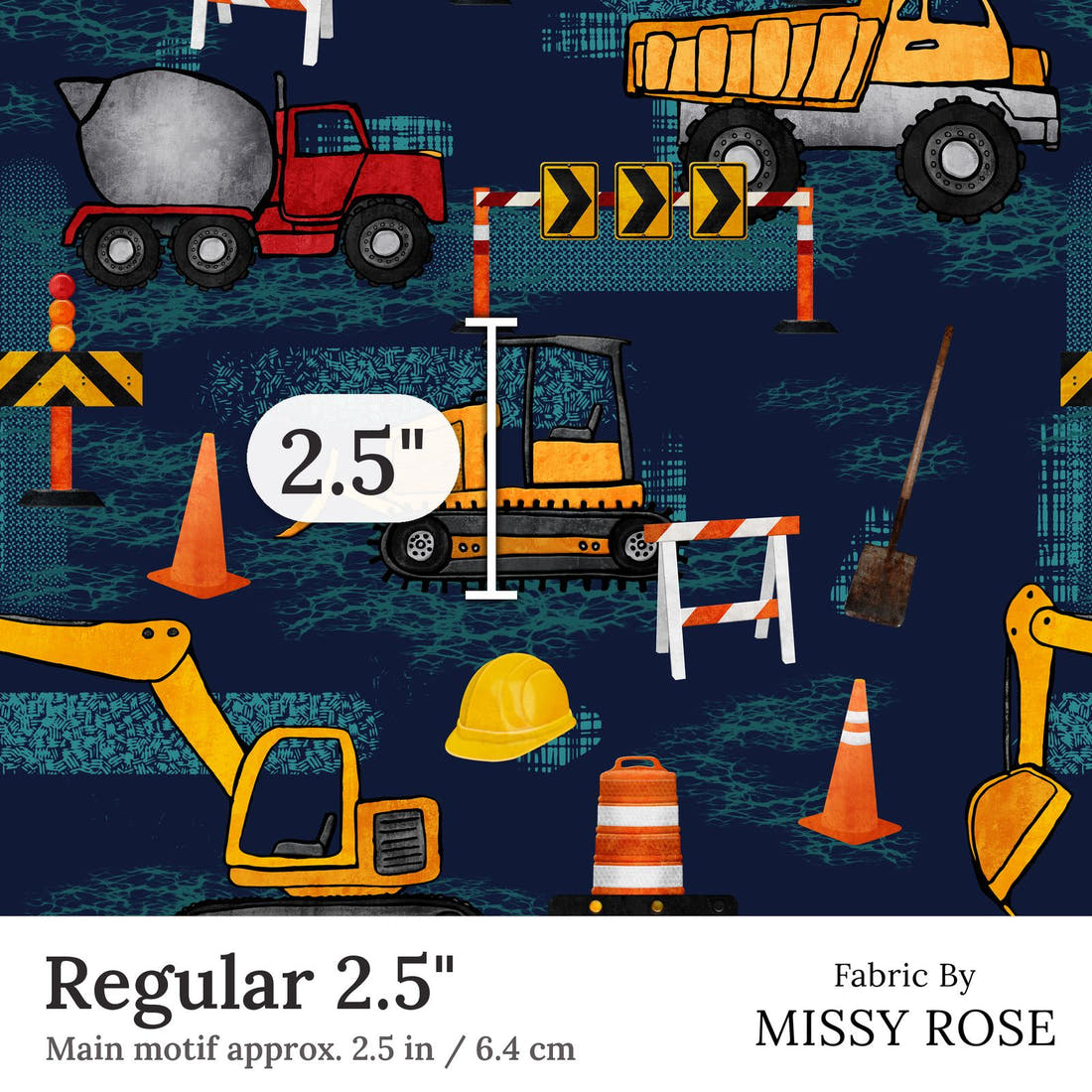 Design 231 Navy Construction Fabric Regular 2.5 inch print scale guide | Fabric by Missy Rose