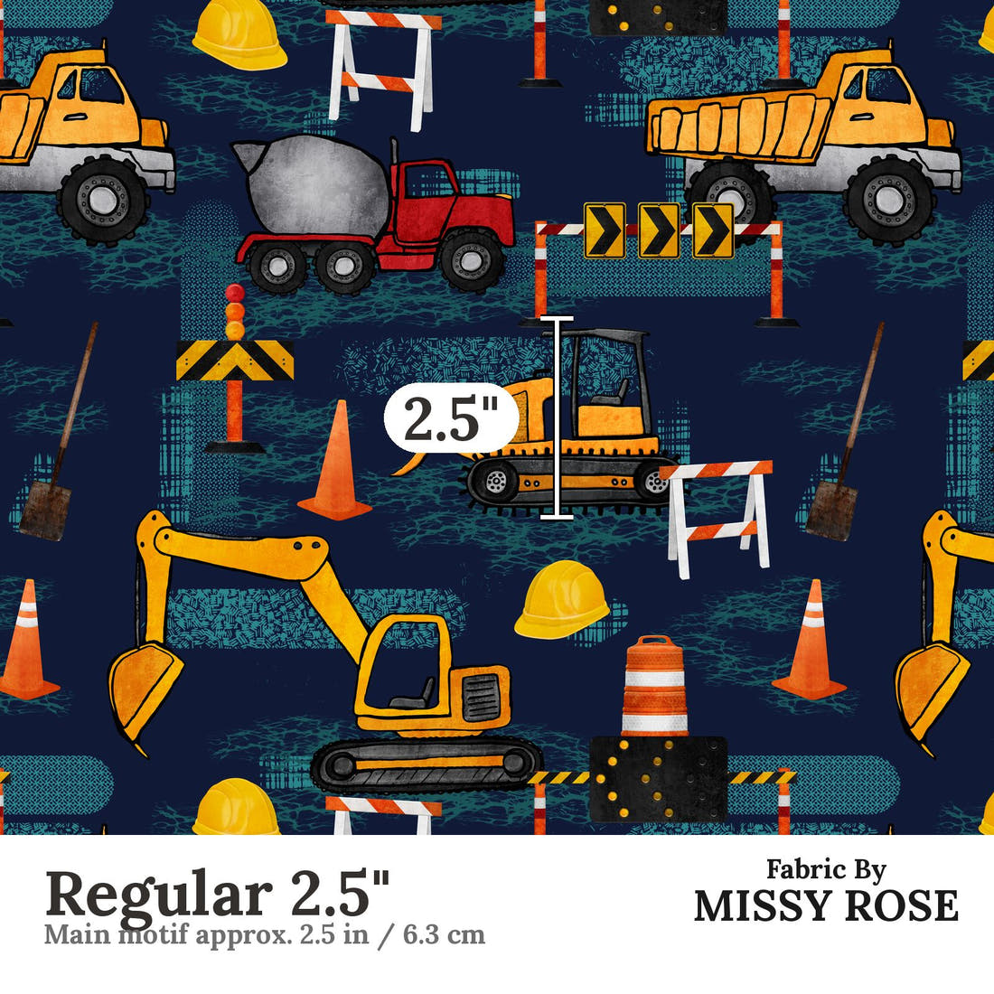 Design 231 Navy Construction Fabric Regular 2.5" - print scale | Fabric by Missy Rose