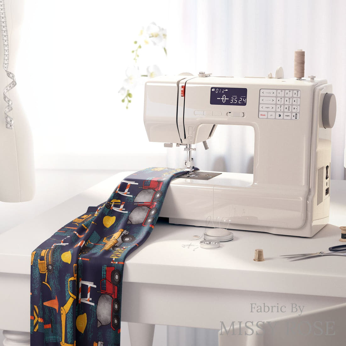 Design 231 Navy Construction Fabric on a sewing machine – premium fabric for sewing projects | Fabric by Missy Rose