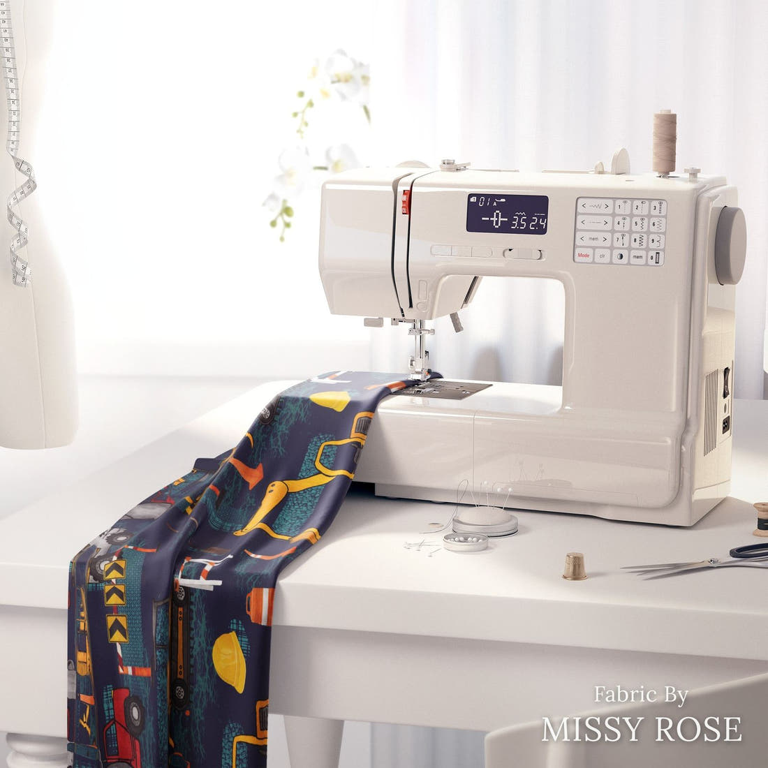 Design 231 Navy Construction Fabric on a sewing machine – premium fabric for sewing projects | Fabric by Missy Rose