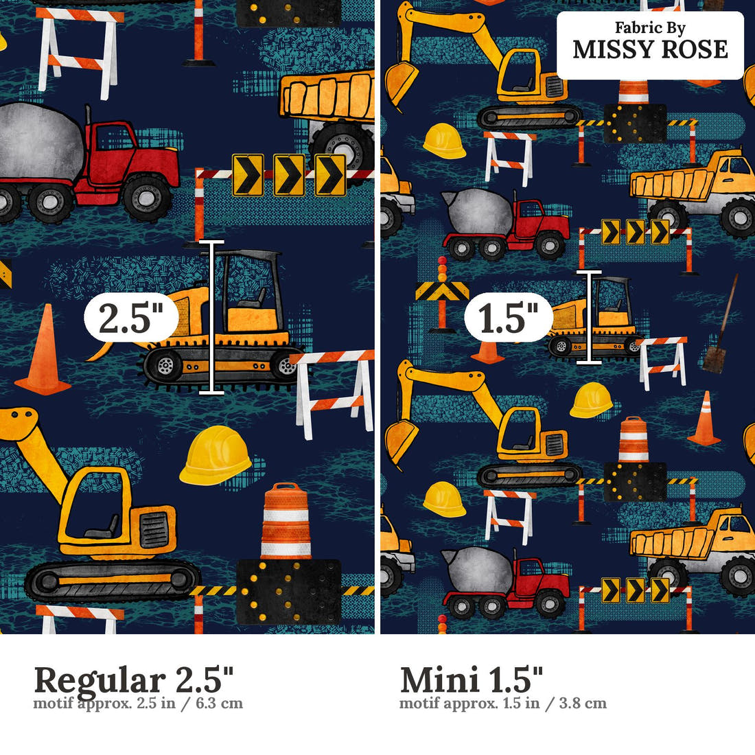 Design 231 Navy Construction Fabric size comparison - print scale | Fabric by Missy Rose