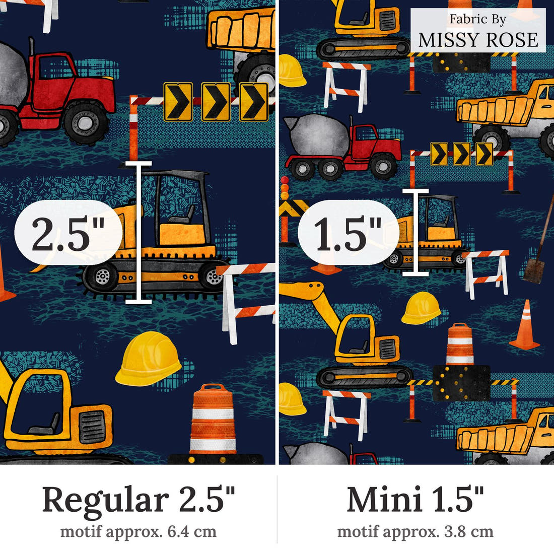 Design 231 Navy Construction Fabric Regular 2.5 inch vs Mini 1.5 inch print scale side by side | Fabric by Missy Rose