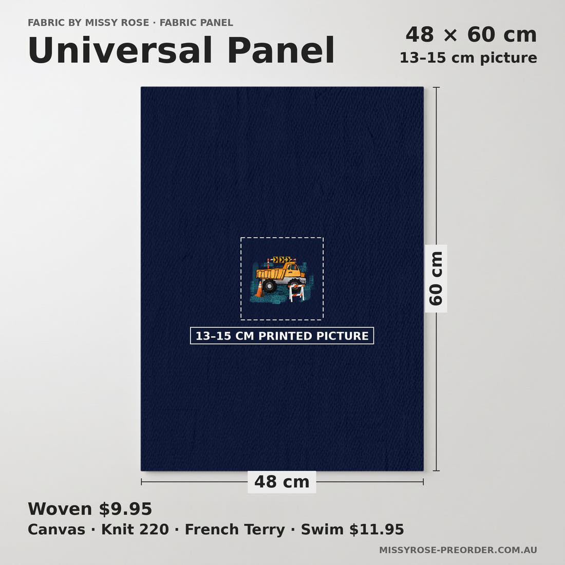 Design 231 Navy Construction Panel universal panel sizing – 13–15 cm printed picture on 48 × 60 cm fabric | Fabric by Missy Rose