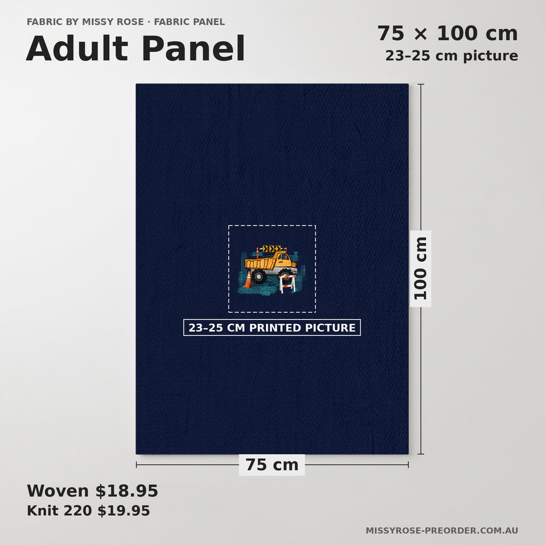 Design 231 Navy Construction Panel adult panel sizing – 23–25 cm printed picture on 75 × 100 cm fabric | Fabric by Missy Rose
