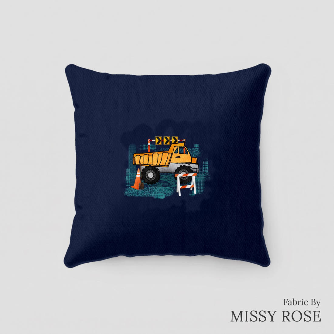 Design 231 Navy Construction Panel sewn into a cushion – see how the panel looks made up | Fabric by Missy Rose