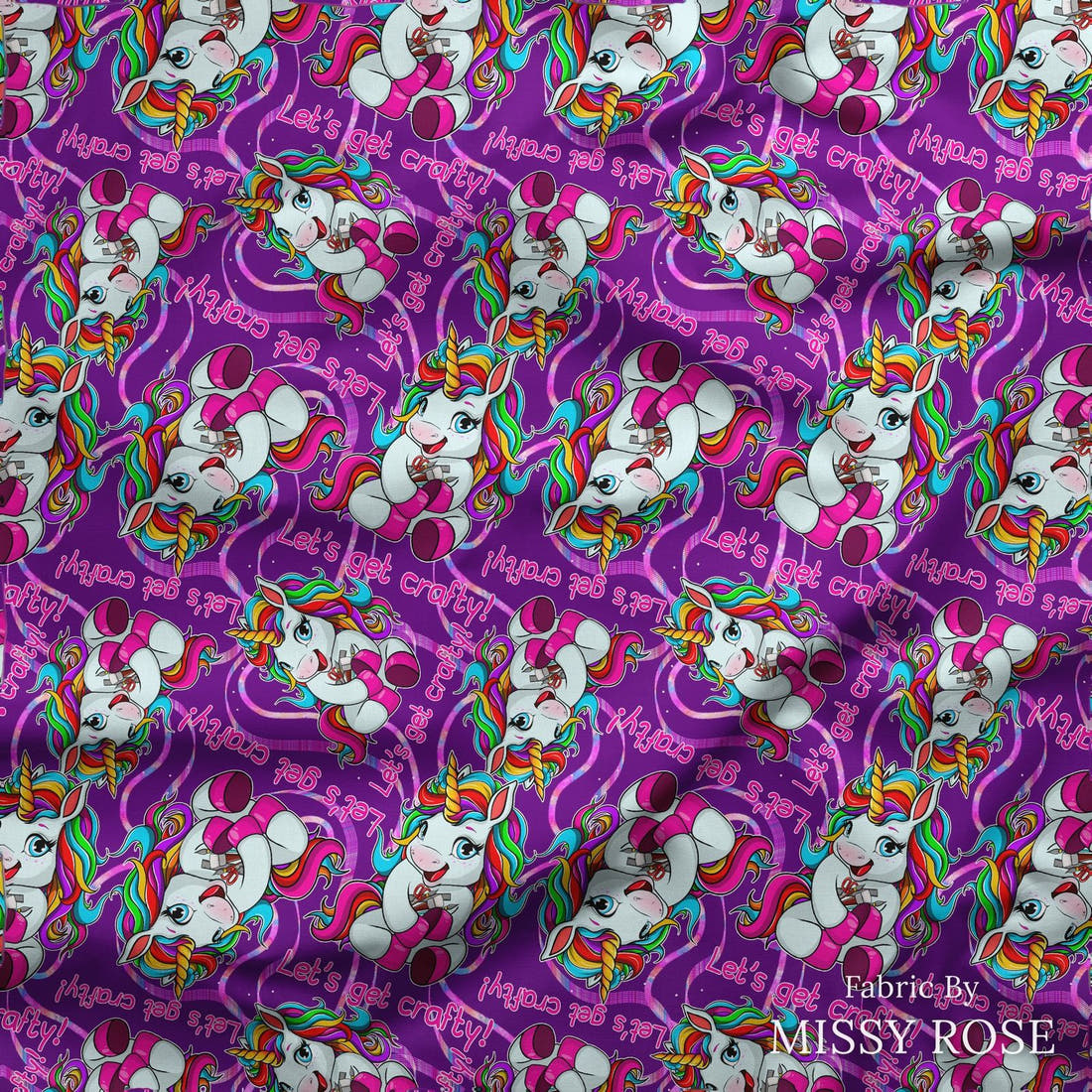 Design 232 Crafty Unicorn Fabric draped fabric mockup – custom printed fabric by the metre | Fabric by Missy Rose