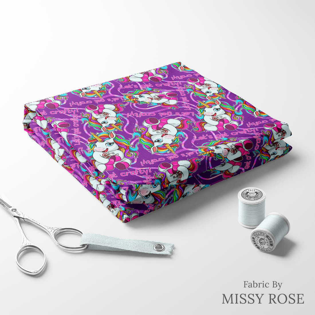 Design 232 Crafty Unicorn Fabric folded fabric stack with matching thread – pre-order fabric Australia | Fabric by Missy Rose