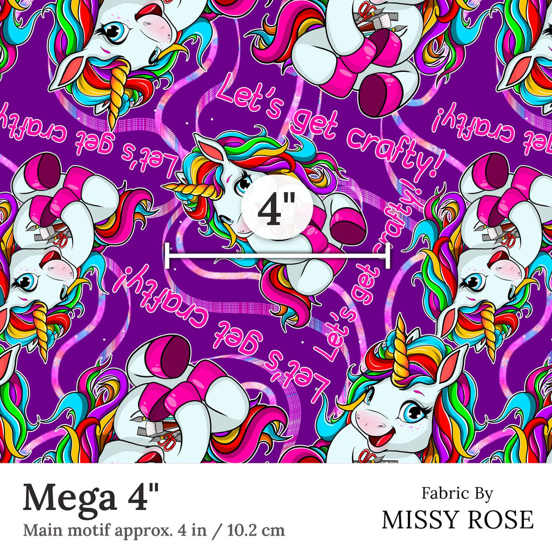 Design 232 Crafty Unicorn Fabric Mega 4 inch print scale guide | Fabric by Missy Rose