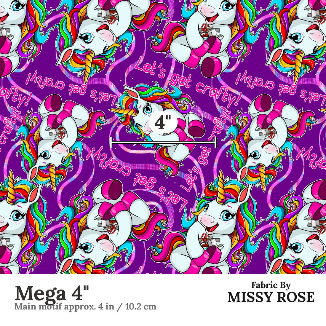 Design 232 Crafty Unicorn Fabric Mega 4" - print scale | Fabric by Missy Rose