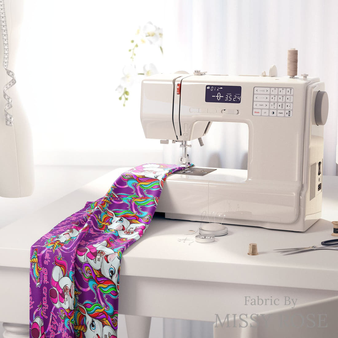 Design 232 Crafty Unicorn Fabric on a sewing machine – premium fabric for sewing projects | Fabric by Missy Rose