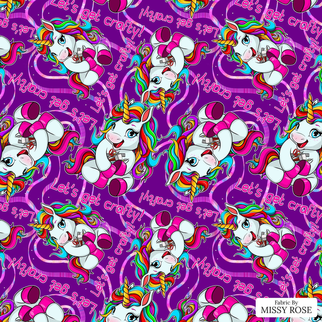 Design 232 Crafty Unicorn Fabric - flat view of the print, zoom in for detail | Fabric by Missy Rose