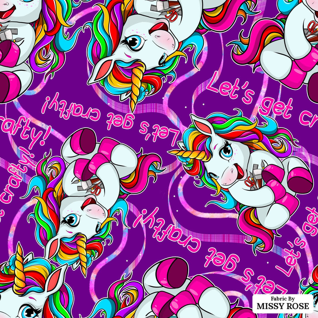 Design 232 Crafty Unicorn Fabric - flat view of the print, zoom in for detail | Fabric by Missy Rose
