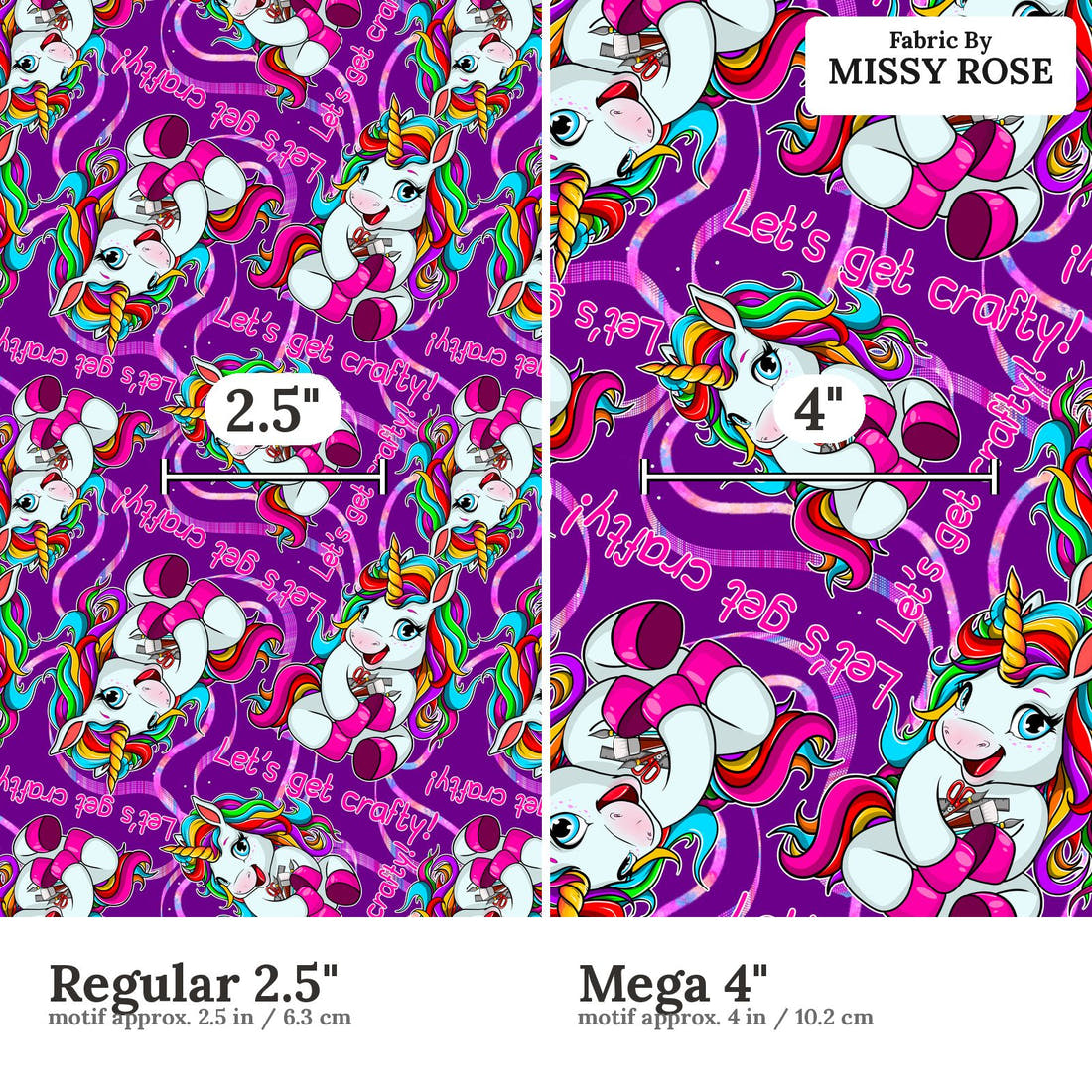 Design 232 Crafty Unicorn Fabric size comparison - print scale | Fabric by Missy Rose
