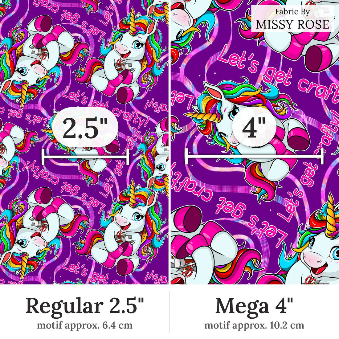 Design 232 Crafty Unicorn Fabric Regular 2.5 inch vs Mega 4 inch print scale side by side | Fabric by Missy Rose
