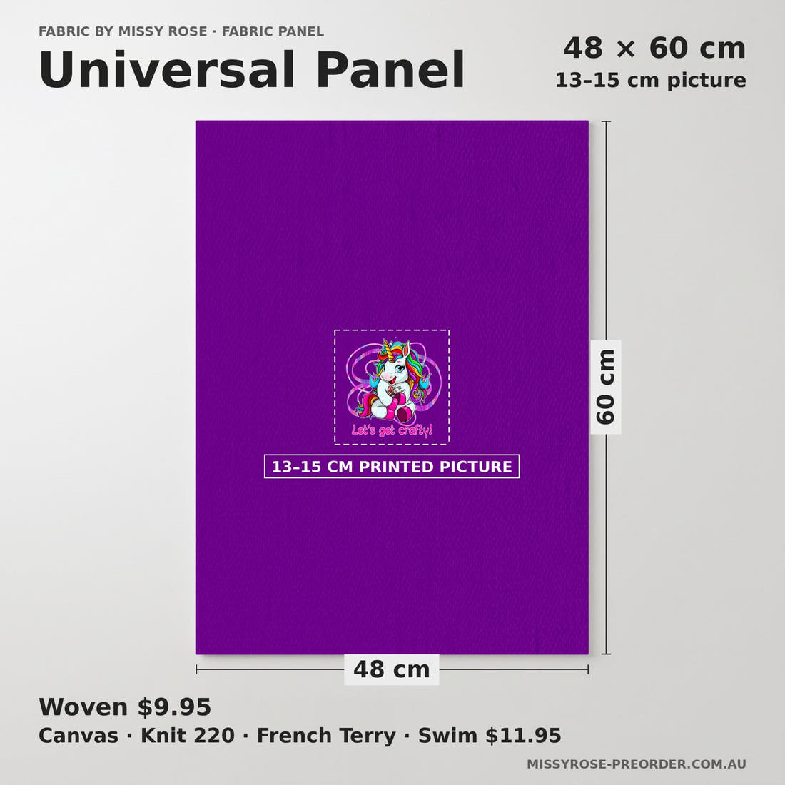 Design 232 Crafty Unicorn Panel universal panel sizing – 13–15 cm printed picture on 48 × 60 cm fabric | Fabric by Missy Rose