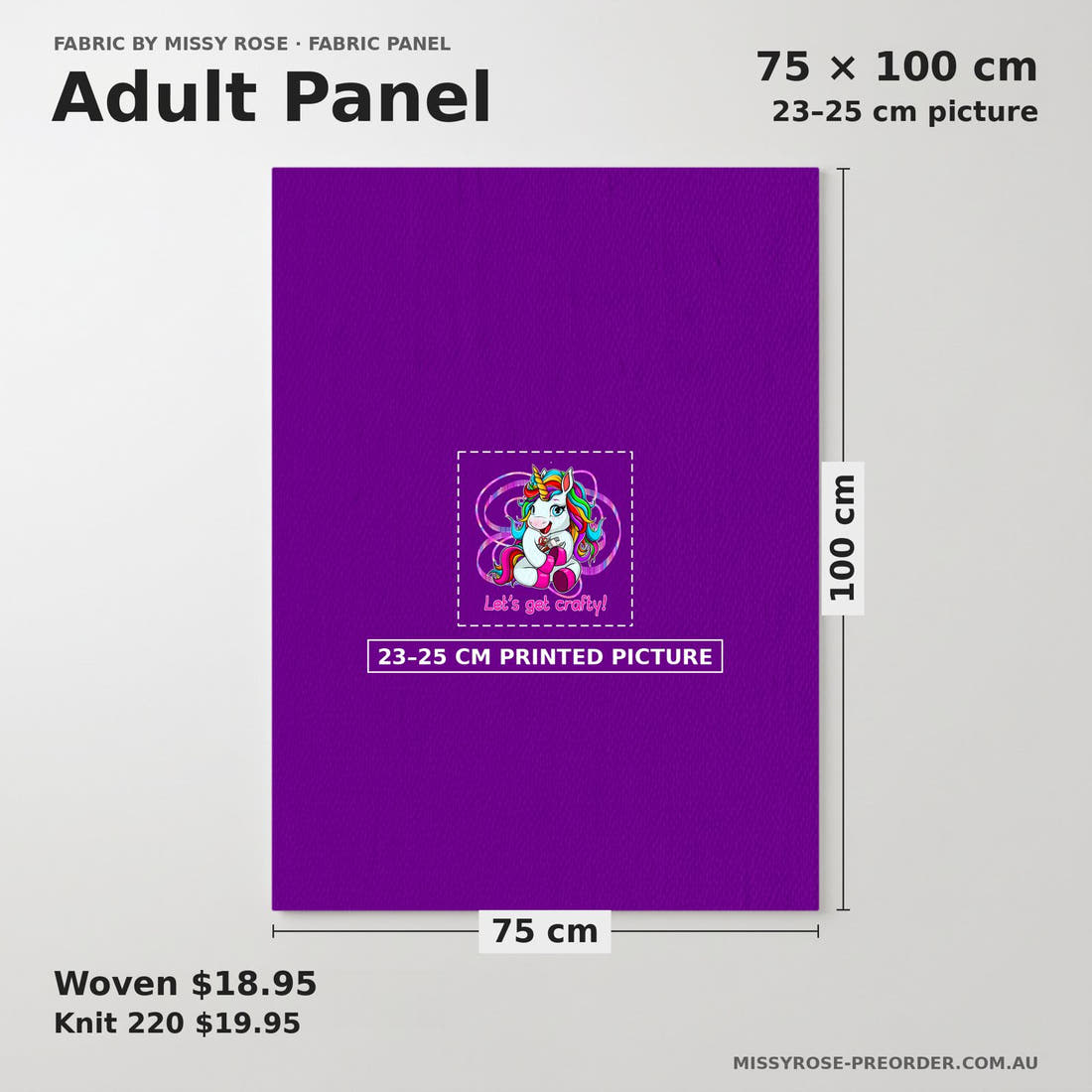 Design 232 Crafty Unicorn Panel adult panel sizing – 23–25 cm printed picture on 75 × 100 cm fabric | Fabric by Missy Rose