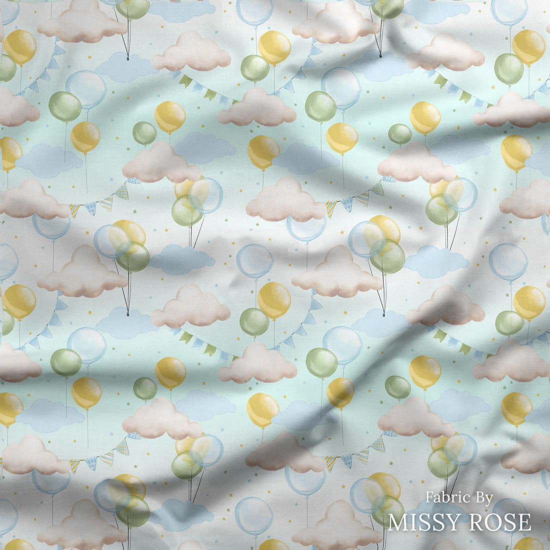 Design 233 Balloons Fabric draped fabric mockup – custom printed fabric by the metre | Fabric by Missy Rose