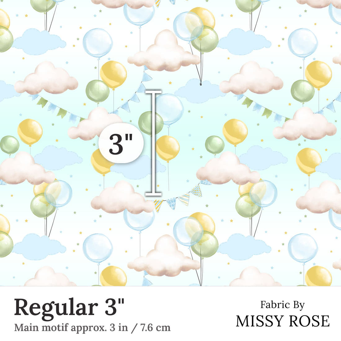 Design 233 Balloons Fabric Regular 3 inch print scale guide | Fabric by Missy Rose