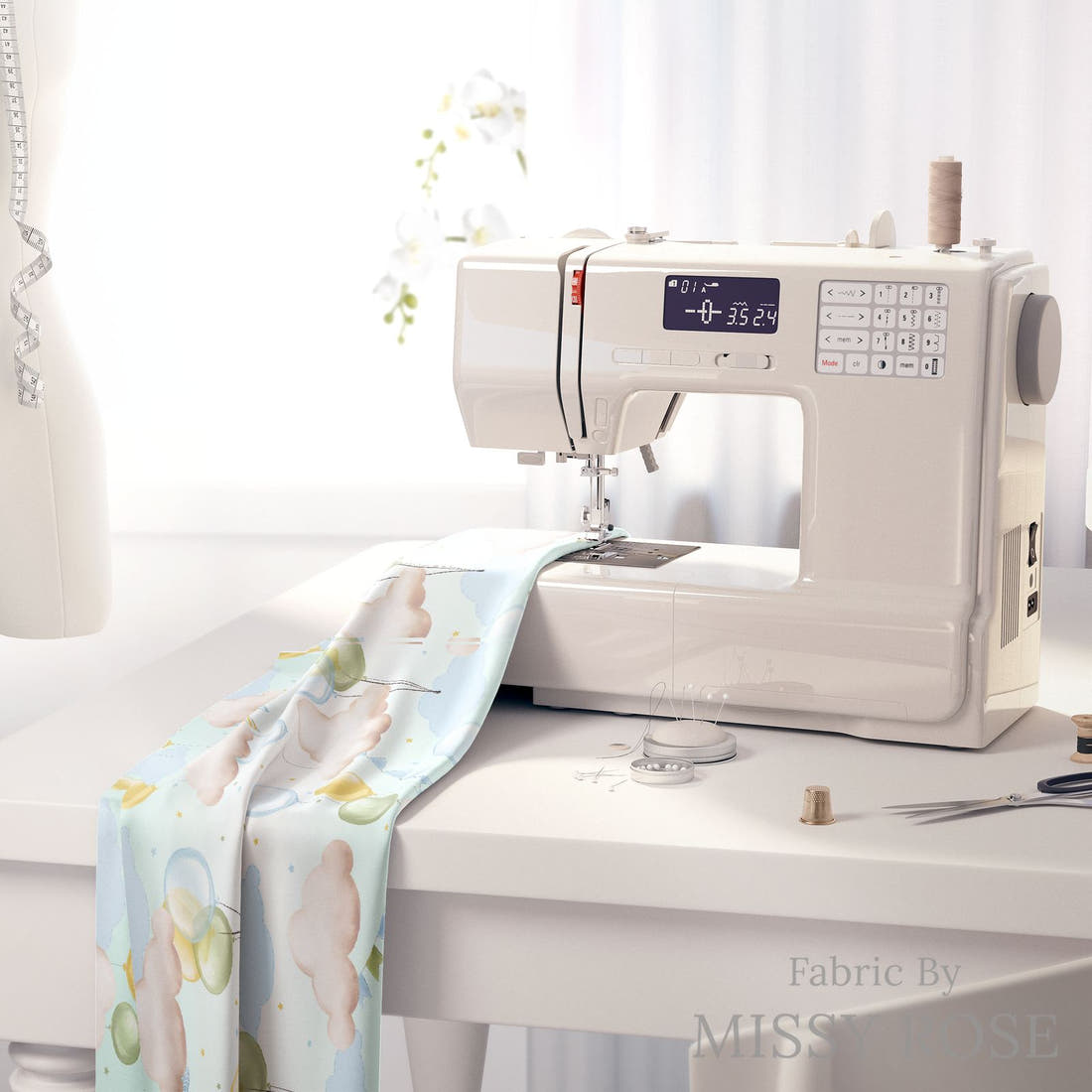Design 233 Balloons Fabric on a sewing machine – premium fabric for sewing projects | Fabric by Missy Rose
