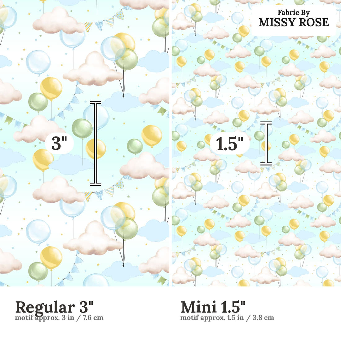 Design 233 Balloons Fabric size comparison - print scale | Fabric by Missy Rose
