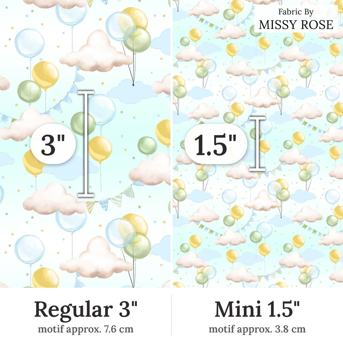 Design 233 Balloons Fabric Regular 3 inch vs Mini 1.5 inch print scale side by side | Fabric by Missy Rose