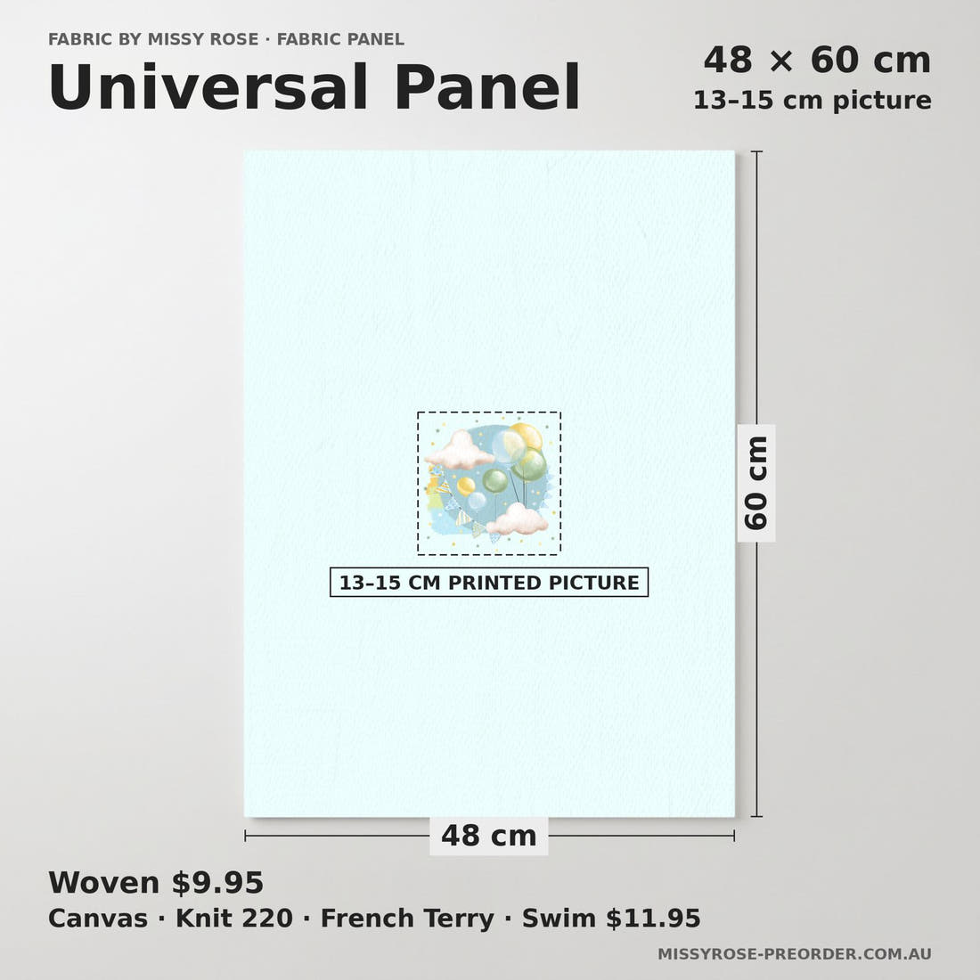 Design 233 Balloons Panel universal panel sizing – 13–15 cm printed picture on 48 × 60 cm fabric | Fabric by Missy Rose