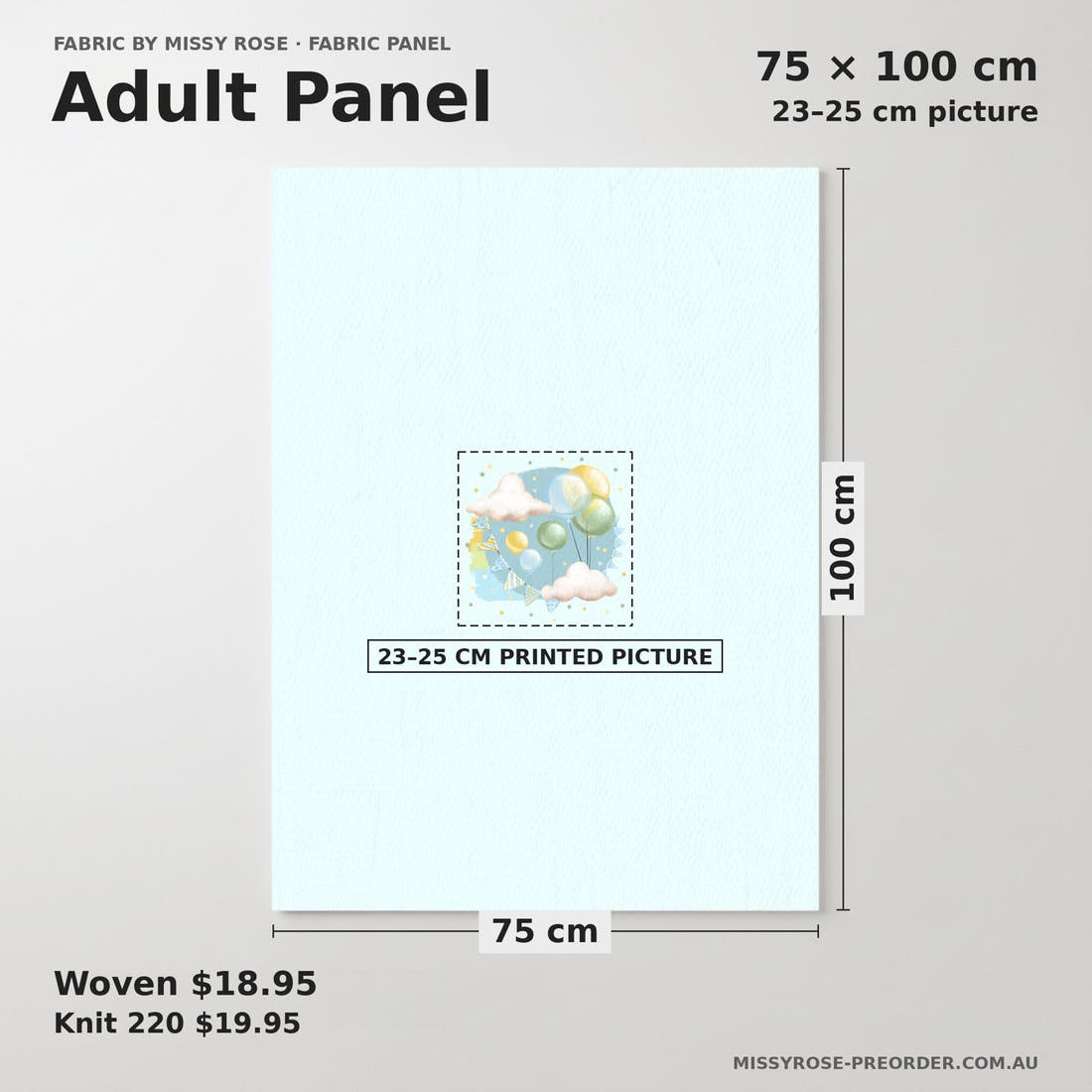 Design 233 Balloons Panel adult panel sizing – 23–25 cm printed picture on 75 × 100 cm fabric | Fabric by Missy Rose