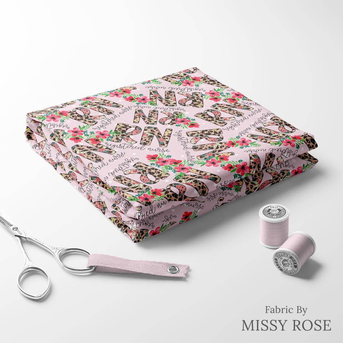Design 234 Registered Nurse Fabric folded fabric stack with matching thread – pre-order fabric Australia | Fabric by Missy Rose