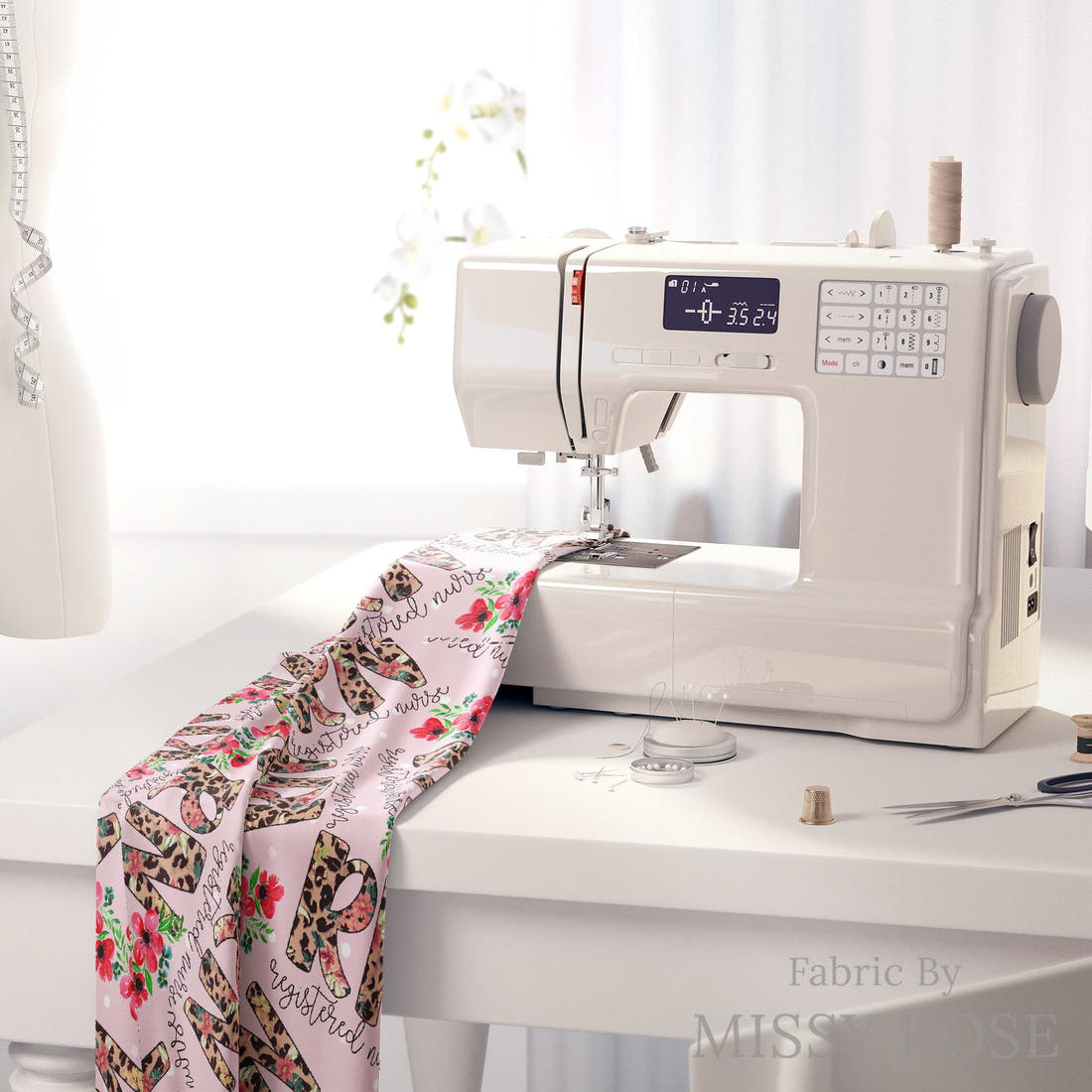 Design 234 Registered Nurse Fabric on a sewing machine – premium fabric for sewing projects | Fabric by Missy Rose