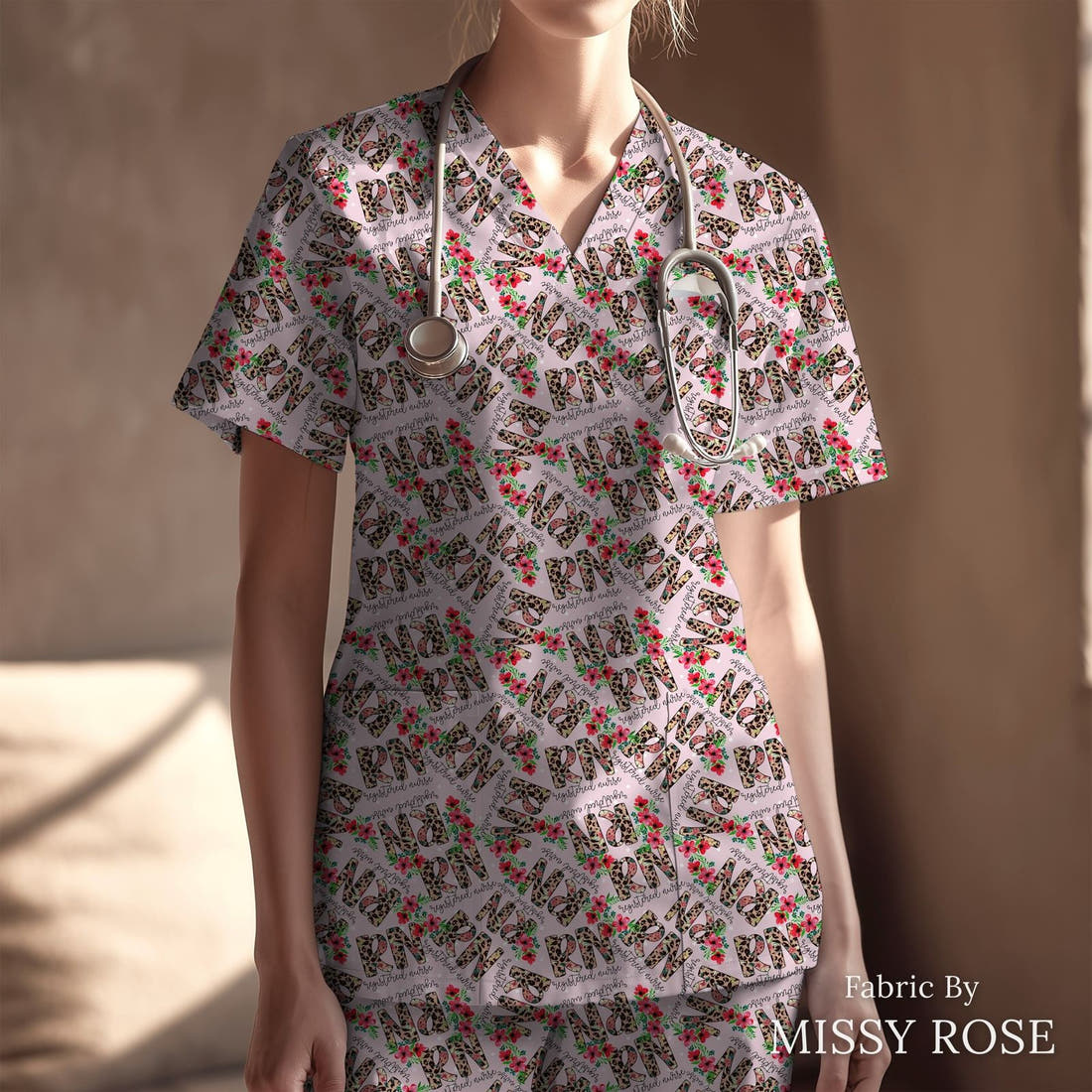 Design 234 Registered Nurse Fabric sewn into a scrubs top – see how the print looks made up | Fabric by Missy Rose