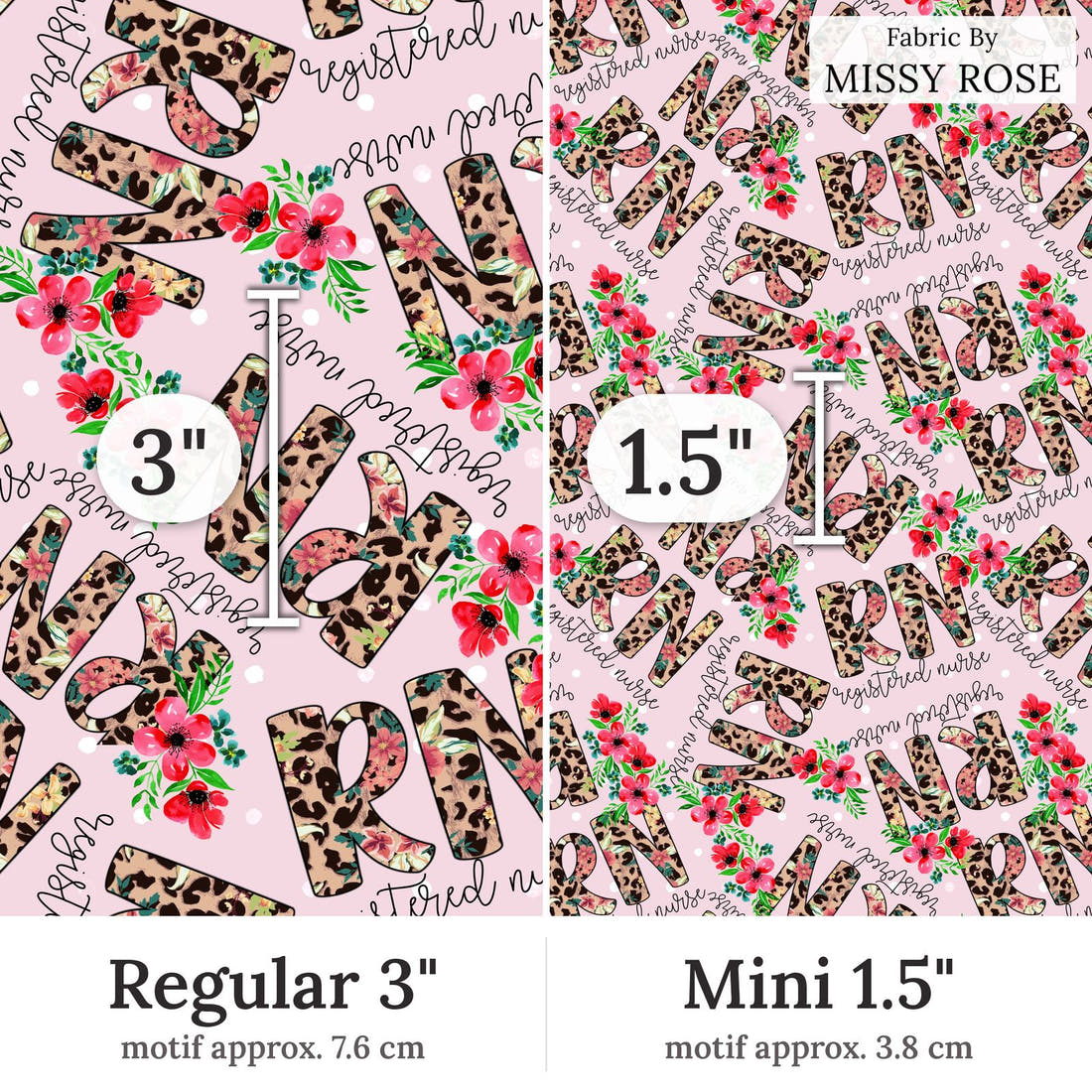 Design 234 Registered Nurse Fabric Regular 3 inch vs Mini 1.5 inch print scale side by side | Fabric by Missy Rose