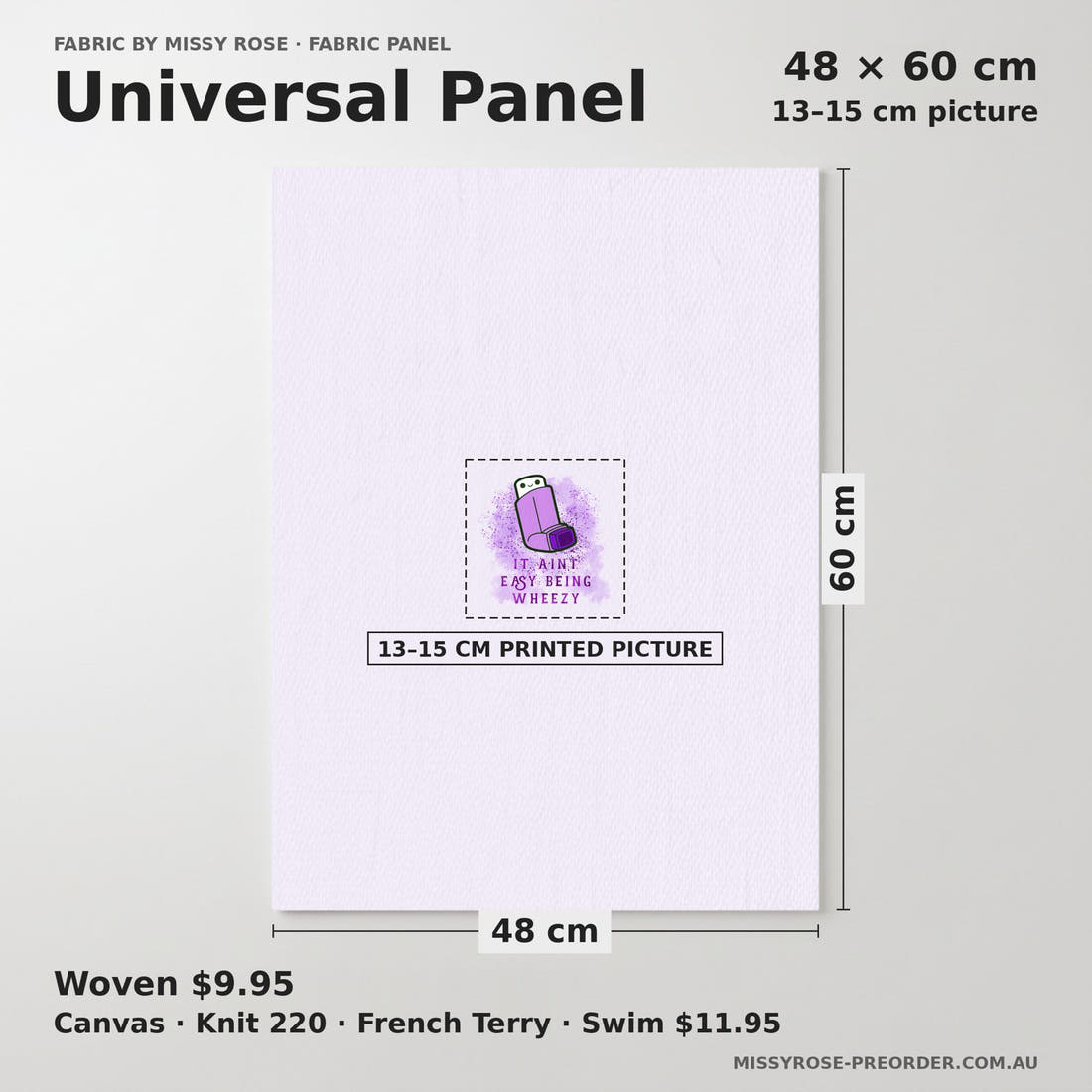 Design 235 Purple Asthma Panel universal panel sizing – 13–15 cm printed picture on 48 × 60 cm fabric | Fabric by Missy Rose