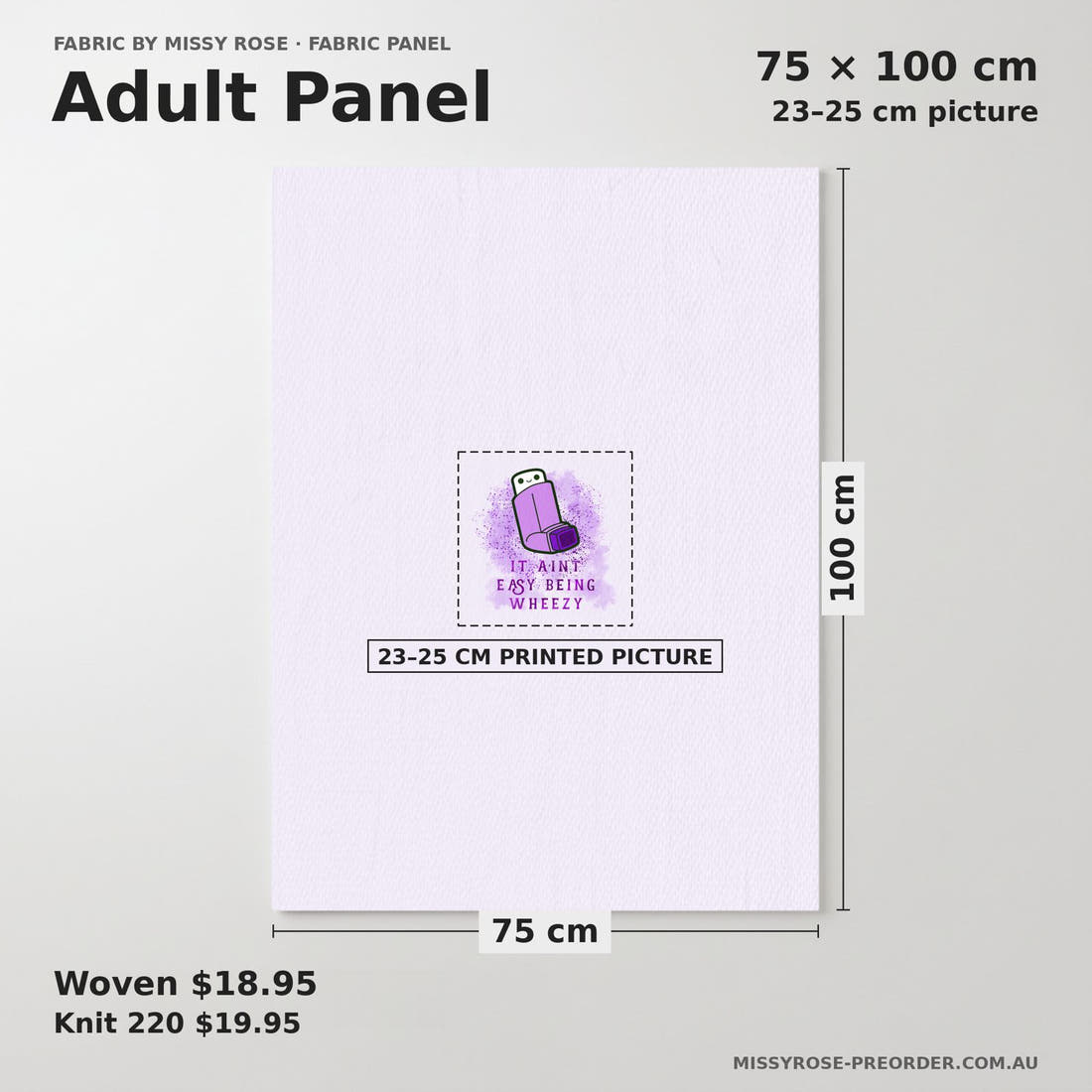 Design 235 Purple Asthma Panel adult panel sizing – 23–25 cm printed picture on 75 × 100 cm fabric | Fabric by Missy Rose