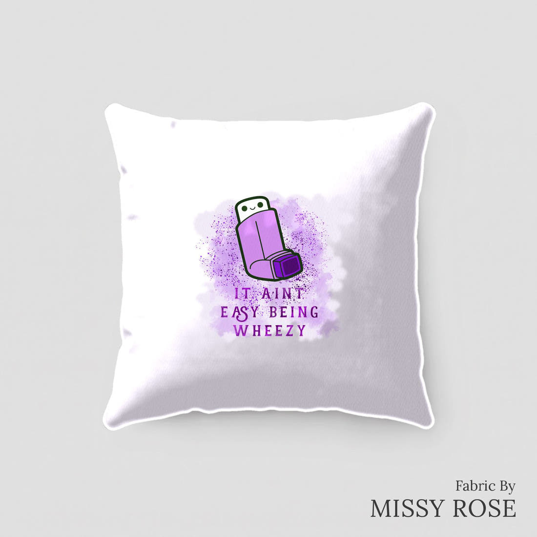 Design 235 Purple Asthma Panel sewn into a cushion – see how the panel looks made up | Fabric by Missy Rose