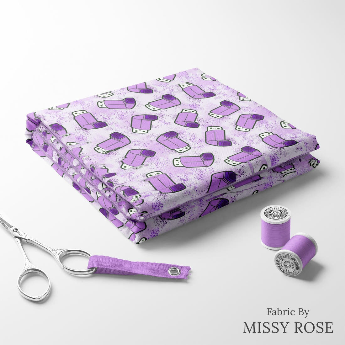 Design 235 Purple Asthma Fabric folded fabric stack with matching thread – pre-order fabric Australia | Fabric by Missy Rose