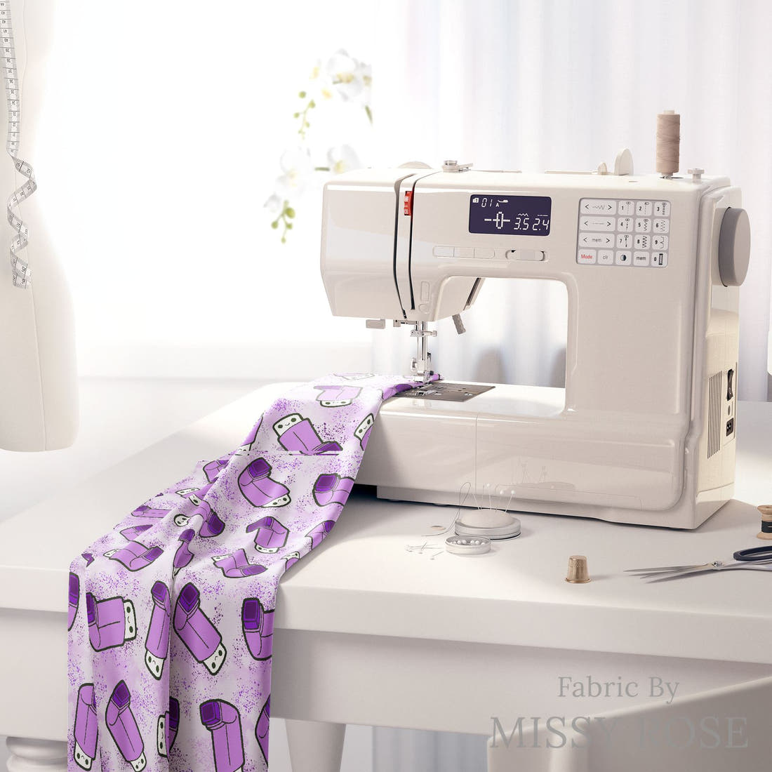 Design 235 Purple Asthma Fabric on a sewing machine – premium fabric for sewing projects | Fabric by Missy Rose