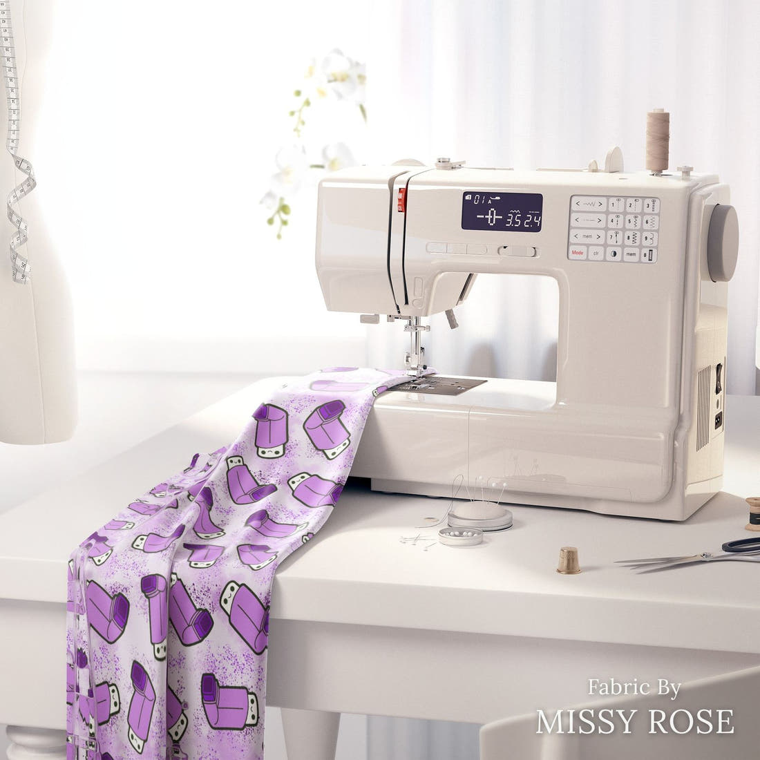 Design 235 Purple Asthma Fabric on a sewing machine – premium fabric for sewing projects | Fabric by Missy Rose