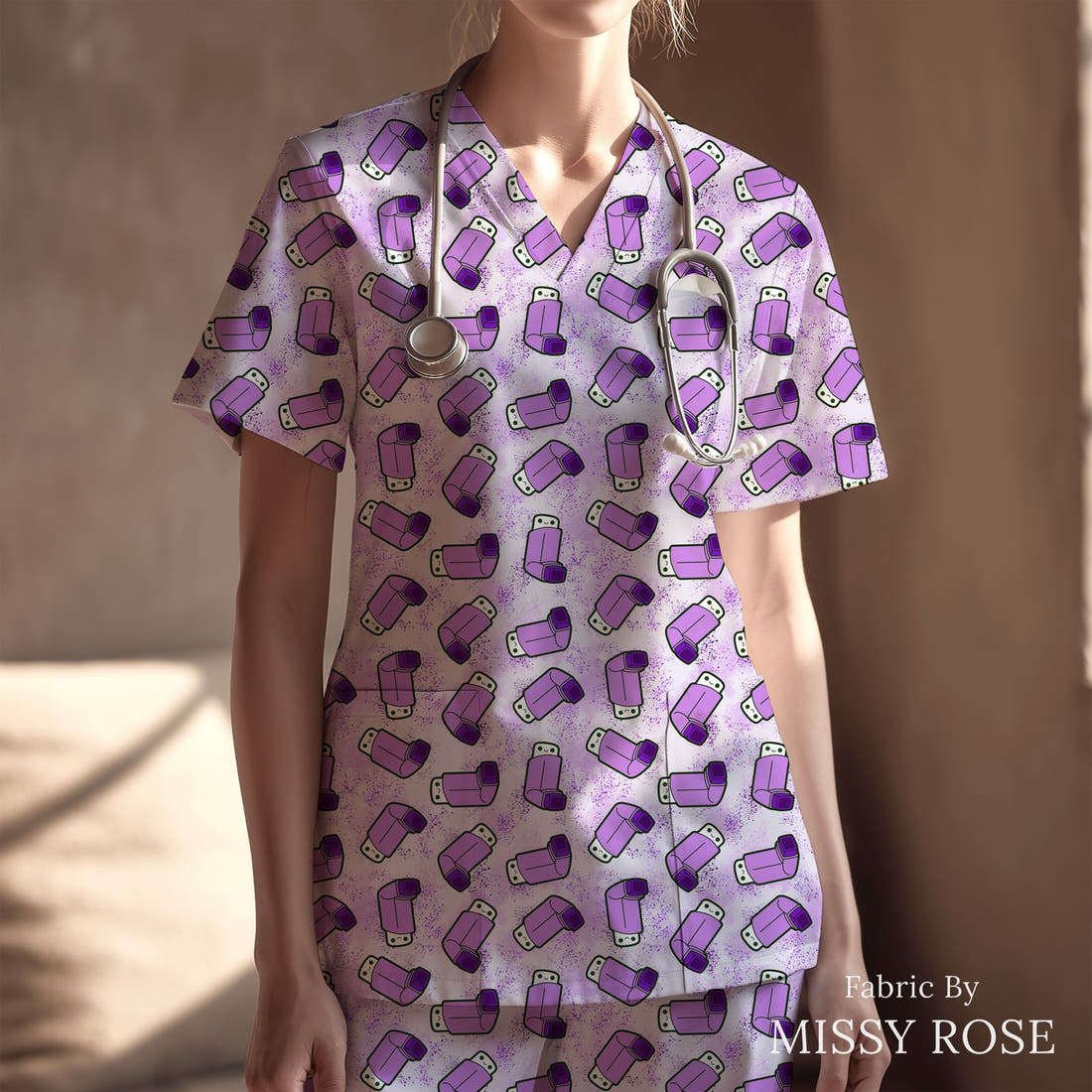 Design 235 Purple Athma Fabric sewn into a scrubs top - see how the print looks made up | Fabric by Missy Rose
